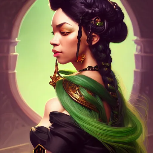 Prompt: black aristocrat, green black orange color palette, female, d & d, fantasy, intricate, elegant, highly detailed, long green hair, digital painting, artstation, octane render, concept art, matte, sharp focus, illustration, hearthstone, art by artgerm, alphonse mucha johannes voss