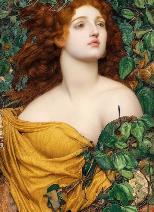 Prompt: masterpiece beautiful seductive flowing curves preraphaelite face portrait amongst leaves, extreme close up shot, straight bangs, thick set features, yellow ochre ornate medieval dress, laying amongst foliage mushroom forest circle arch, frederic leighton and kilian eng and rosetti, 4 k