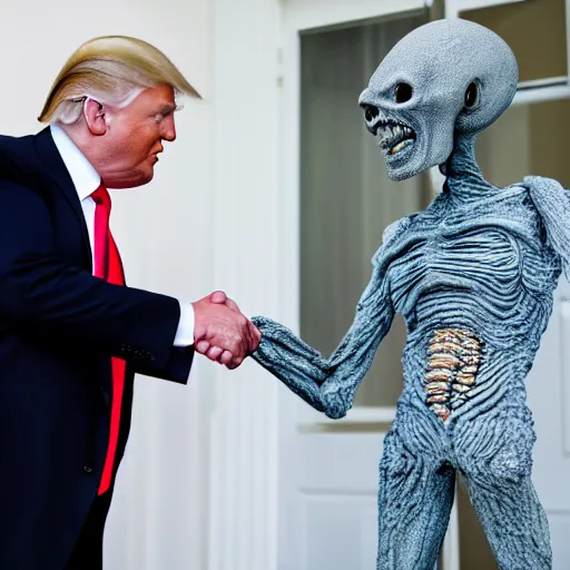 Prompt: 8 k press photograph of donald trump smiling shaking hands with a gray alien