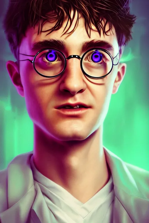 Prompt: Portrait of a harry potter with a cybernetic implanted eye, elegant, photorealistic, highly detailed, artstation, smooth, sharp focus, cyberpunk ornaments, neon lighting, sci-fi, art by Klimt