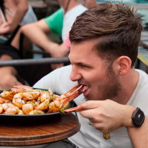 Prompt: an attractive man with brown hair eating shrimp while riding a cow