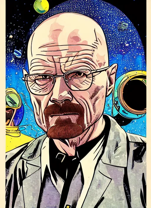 Prompt: Walter White as badass space cobowoy in retro science fiction cover by Moebius, vintage 1960 print, inked, detailed, trending on artstation, extremely detailed face