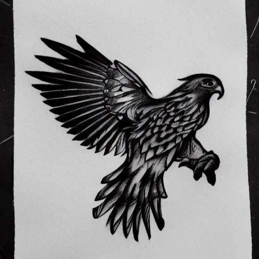 Image similar to tattoo sample on paper stencil. pencil sketch, hawk