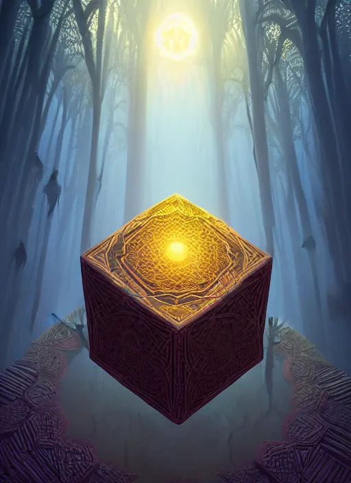 Prompt: symmetry!! a close - up octane render of a cube treasure box of the power of natural elements, magic, intricate ， smooth line, light dust ，, unreal engine, mysterious dark background, warm top light, loish, rhads, ferdinand knab, greg rutkowski, dan mumford, wlop, beeple ，