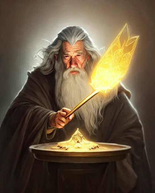 Image similar to Gandalf the grey casting a magic gigantic fork spell to summon army of electric forks, crimson led, glowing, D&D, fantasy, intricate, elegant, highly detailed, digital painting, artstation, concept art, matte, sharp focus, illustration, hearthstone, art by Artgerm and Greg Rutkowski and Alphonse Mucha
