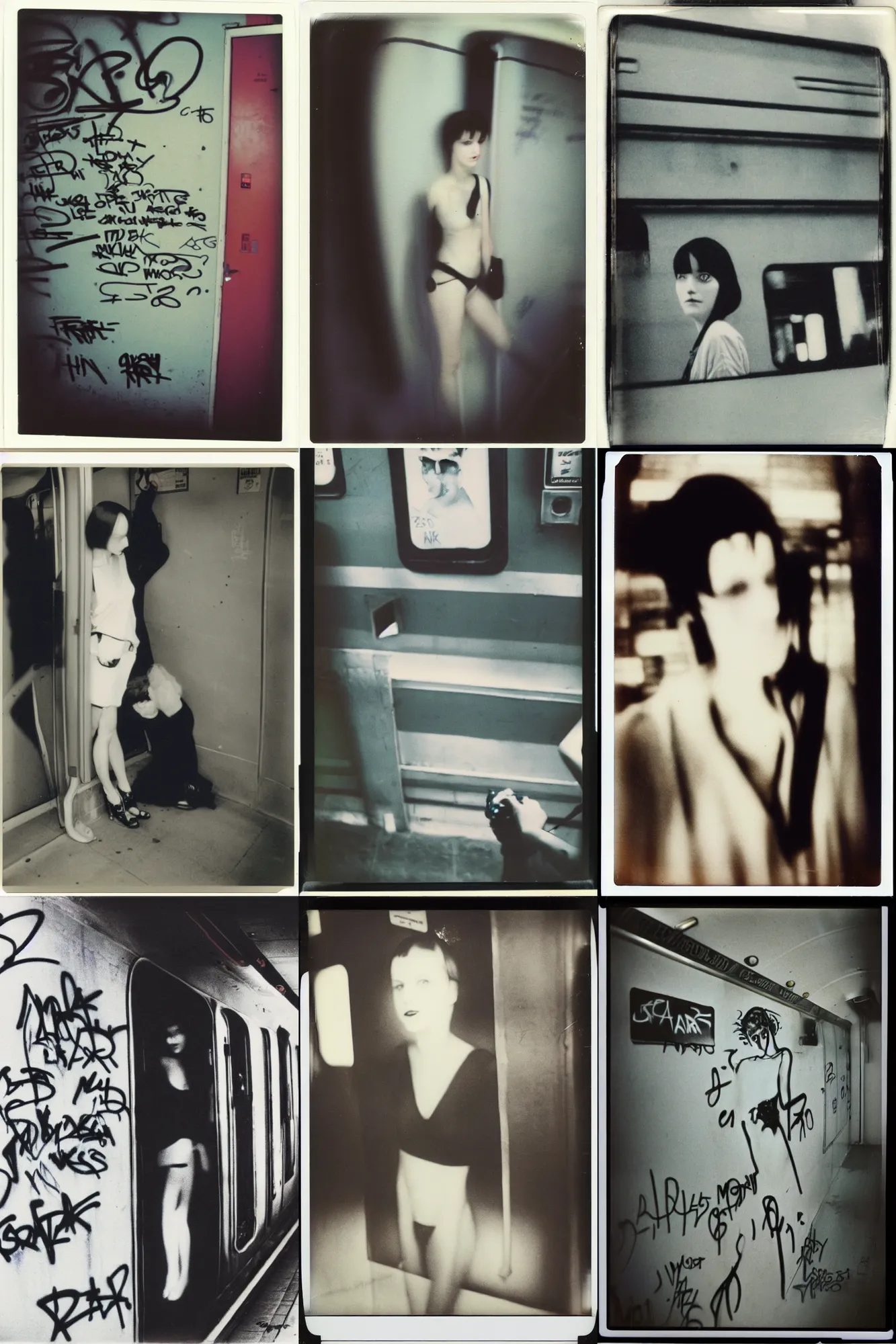 Prompt: polaroid photo of graffiti on the subway of 2 2 yeard old mary louise brooks, graffiti by zephyr, 1 9 8 6