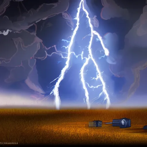 Image similar to powerline transformer exploding from lightning strike, digital painting, 8 k, dynamic lighting