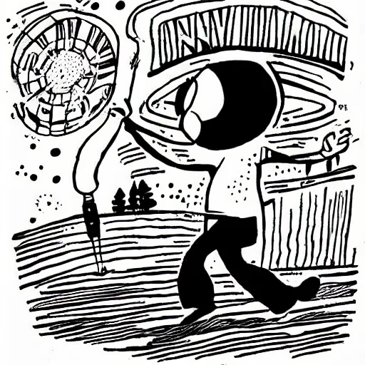 Prompt: Cartoon, Illustration, Ink, Man playing discgolf in space,