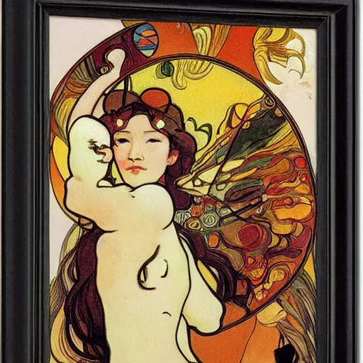 Image similar to The Goddess of Art, in the style of Octavia Ocampo, Mucha, Kandinsky