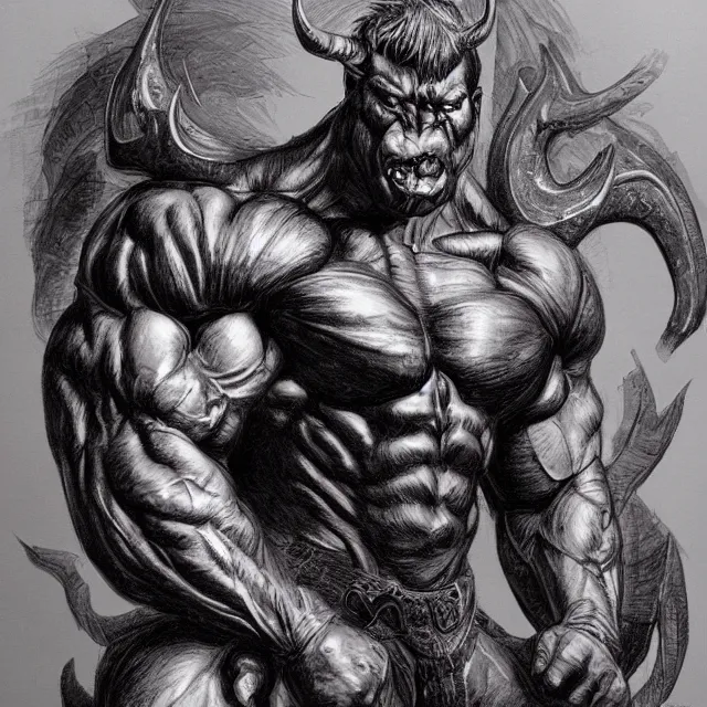 Prompt: ballpoint pen illustration of a muscular demon man, concept art, artstation