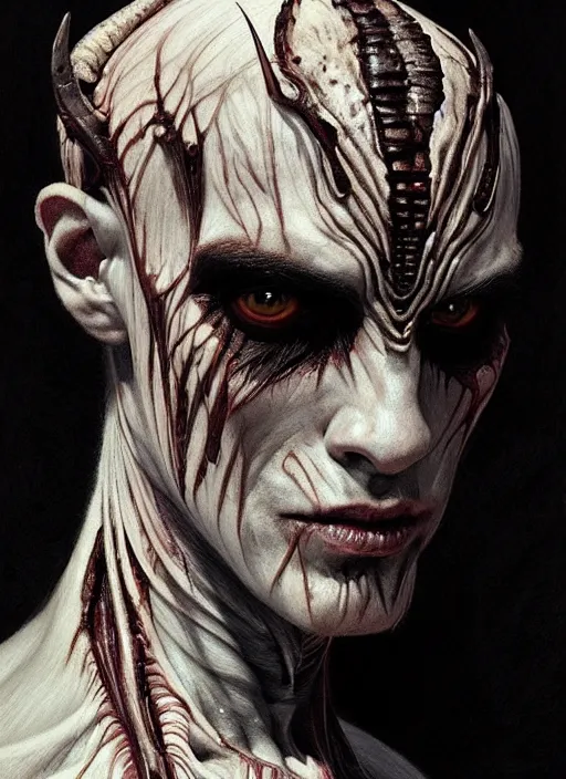 Image similar to half demon half human man intricate skin pattern texture, elegant, peaceful, playful full body, white horns, hyper realistic, extremely detailed, dnd character art portrait, dark fantasy art, intricate fantasy painting, dramatic lighting, vivid colors, deviant art, artstation, by edgar maxence and caravaggio and michael whelan and delacroix by h. r. giger