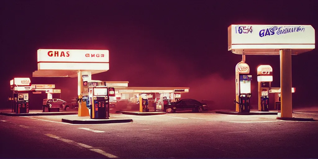 Prompt: “35mm film photography of gas station, fog, cinestill 800t, grain”