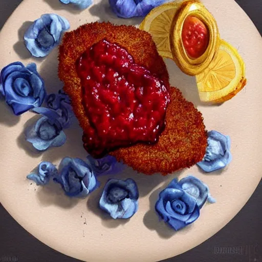 Image similar to epic illustration of a breaded steak with jam and a `blue flower`!!!!!!!!, best on artstation, cgsociety, much detail, much wow, masterpiece