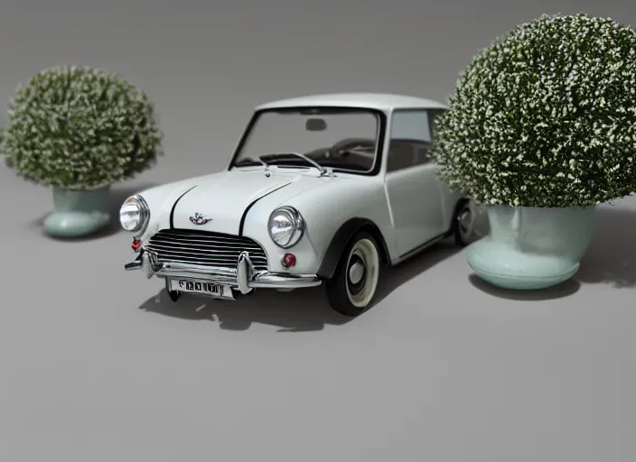 Image similar to a small miniature of a Mini Cooper S 1963 on a white table near a vase with a plant, 3d render, octane render, unreal engine 5, path tracing, serene landscape, calm, relaxing, beautiful landscape, highly detailed, high quality, 4k, symmetrical, low contrast