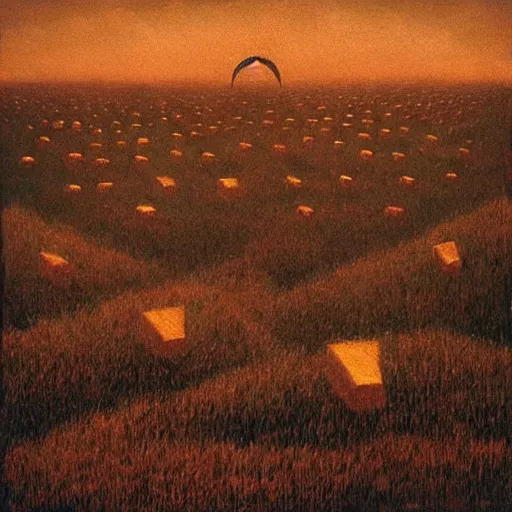 Image similar to “ ufo abduction over a field of tombstones, beksinski ”