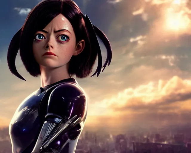 Prompt: a film still from battle angel alita played by actress emma stone, portrait, cinematic lighting, photorealistic, hyperrealistic, highly detailed, photorealistic, high resolution, 4 k