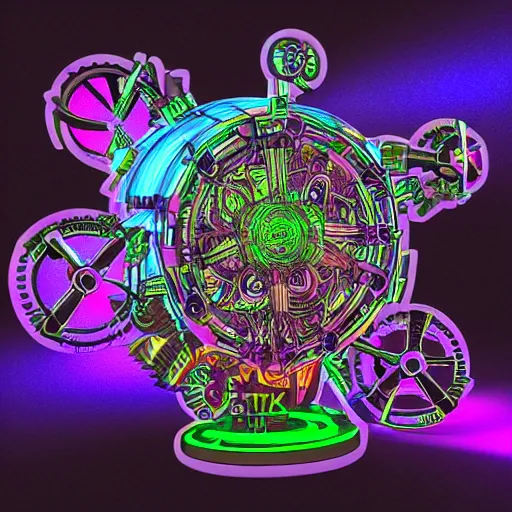 Image similar to sticker of a rock band, name is tripmachine, on the sticker is a 3 d render of a huge futuristic steampunk generator engine with gears and trippy music instruments, 8 k, fluorescent colors, halluzinogenic, multicolored, exaggerated detailed, silk screen art