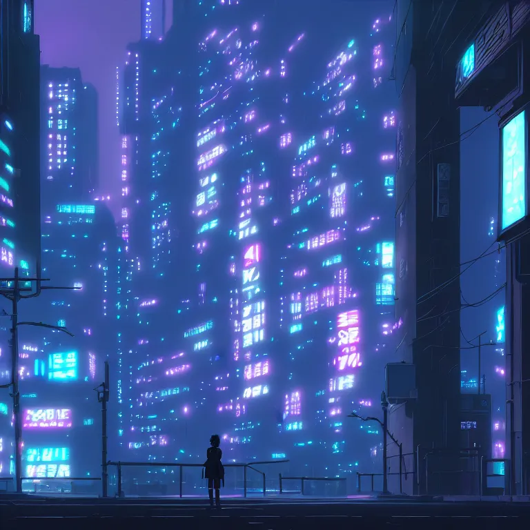 Prompt: city in the atmospheric cyberpunk anime film, gouache matte background painting, neon noir, at night with lights, by makoto shinkai, in the anime series ergo proxy, beautiful specular edge highlights and rim lighting