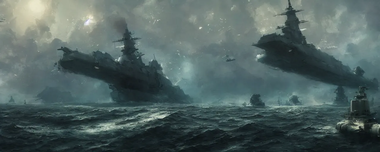 Image similar to battleship yamato wreck underwater, fantasy magical landscape, techno organic, 4 k, artstation, greg rutkowski, concept art, matte painting