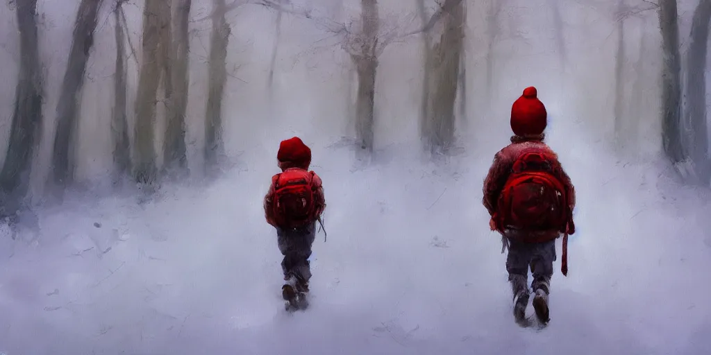 Image similar to A kid with a backpack and a red beanie walking in a snowy forest on his way to school, oil painting by Frank Frazetta, digital art, WLOP, artstation, Mandy Jurgens