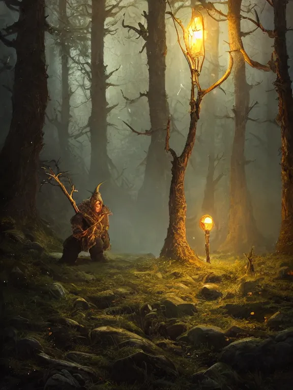 Image similar to Frightened Huntsman High Fantasy Dwarf treading through Haunted Forest with Glowing Lights, RPG Portrait Reference, Oil Painting, Trending on Artstation, octane render, Insanely Detailed, 8k, HD