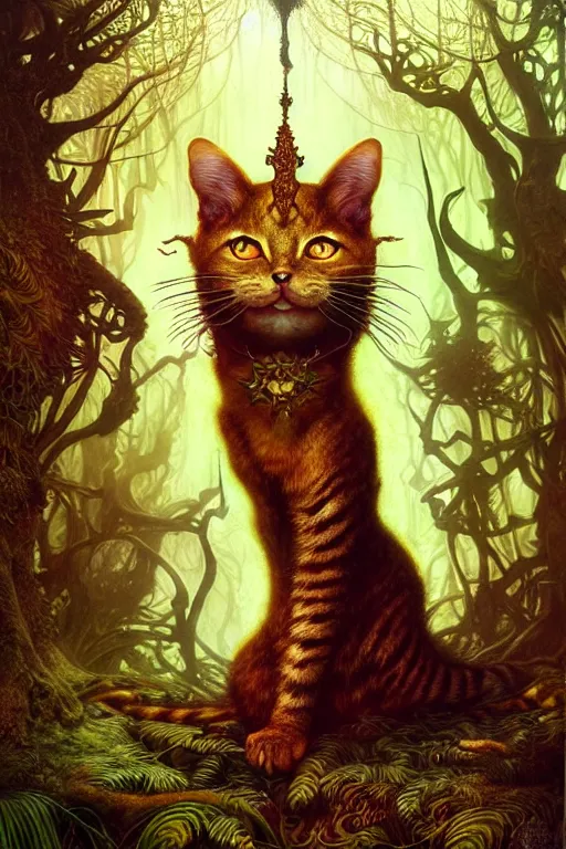 Prompt: gold cat god doing magic in the gnarly forest by Android Jones, tom bagshaw, mucha, karl kopinski