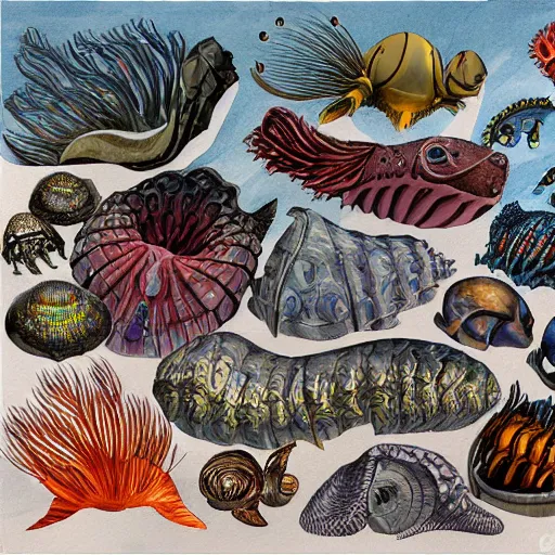Image similar to concept art painting of cambrian sea creatures, detailed, cel shaded