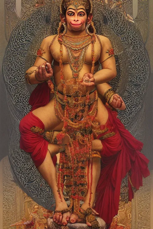 Image similar to a full body portrait of a beautiful ornated hanuman god, meditative sacral pose, hindu stages of meditation, intricate, elegant, highly detailed, line art!!!!, artstation, concept art, smooth, sharp focus, illustration, art by krenz cushart and artem demura and alphonse mucha