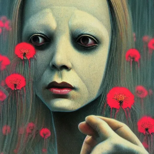 Image similar to a dystopian 3 5 mm 1 9 8 0 s portrait of a p - zombie!!! natural lighting art dawn. highly detailed. colourful. moody. artstation, 4 k, by gerald brom zdzisław beksinski, and ansel adams and studio ghibli, horror, lots of sakura flowers, lovely