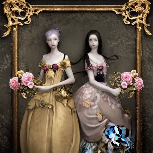 Image similar to 8k, octane render, realism, tonalism, renaissance, rococo, baroque, group of creepy young ladies wearing long harajuku manga dress with flowers and skulls, background chaotic flowers, gold leaf accents
