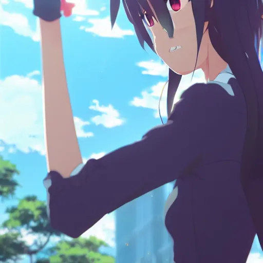 Image similar to anime waifu wearing OSHA compliant clothing, anime key visual, Makoto Shinkai, bokeh, Long shot, Midday,