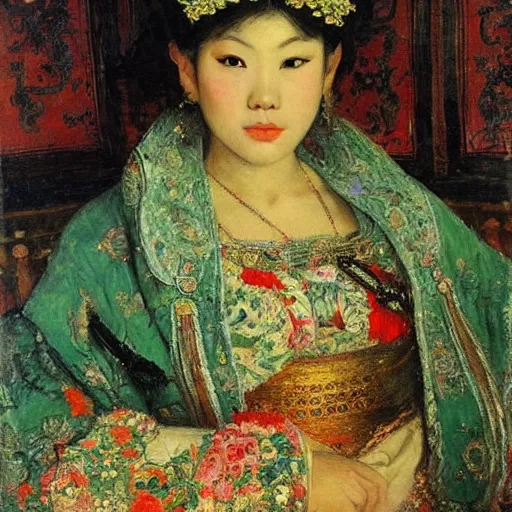 Image similar to portrait of asian beautiful woman masterpiece painting by vasnetsov and surikov, JEAN-VICTOR BERTIN, by Terence Cuneo, detailed, t artfully traced