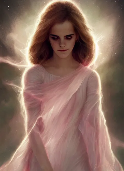 Image similar to emma watson as nature magic celestial turned away, long hair, soft pink and white transparent cloth, space, D&D, shiny background, intricate, elegant, highly detailed, digital painting, artstation, concept art, smooth, sharp focus, illustration, artgerm, bouguereau