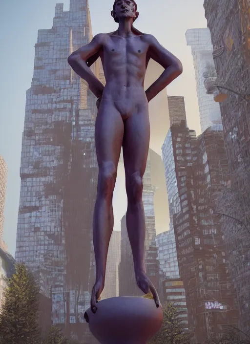 Image similar to a sculpture of a man standing next to a tall vase, a raytraced image by Hikari Shimoda, polycount, video art, vray tracing, ray tracing, rendered in unreal engine