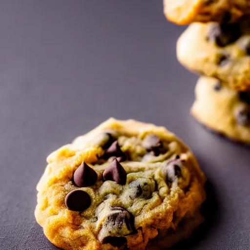 Prompt: a 5 0 mm macro shot of a chocolate chip and prawn cookie