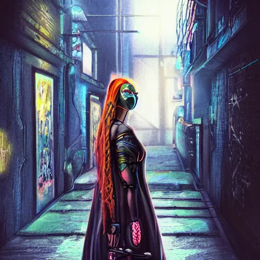 Image similar to a beautiful realistic portrait of a cyberpunk priestess in a dark alley