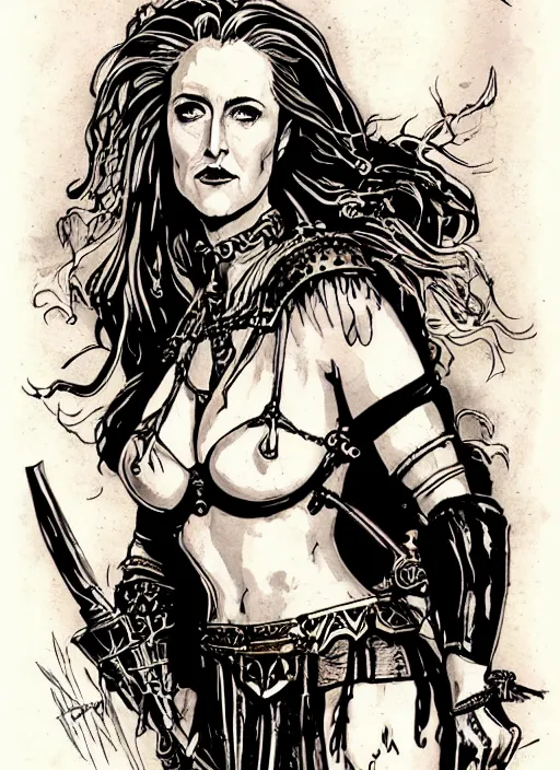 Image similar to beautiful portrait commission of a beautiful Gillian Anderson as Xena the warrior princess in a vintage gothic style. character design by ralph steadman, detailed, inked, western comic book art