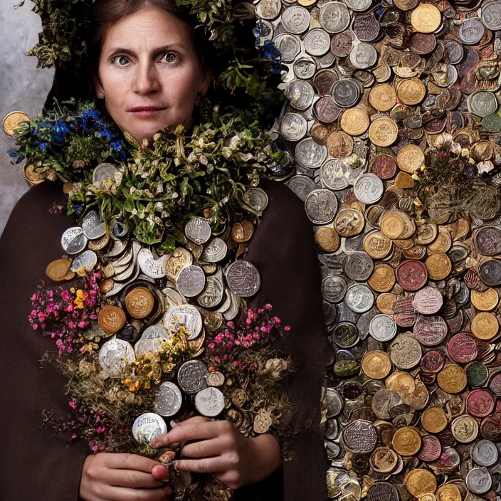 Prompt: closeup portrait of a woman wearing a cloak made of coins and flowers, standing in an apocalyptic city, by Annie Leibovitz and Steve McCurry, natural light, detailed face, CANON Eos C300, ƒ1.8, 35mm, 8K, medium-format print