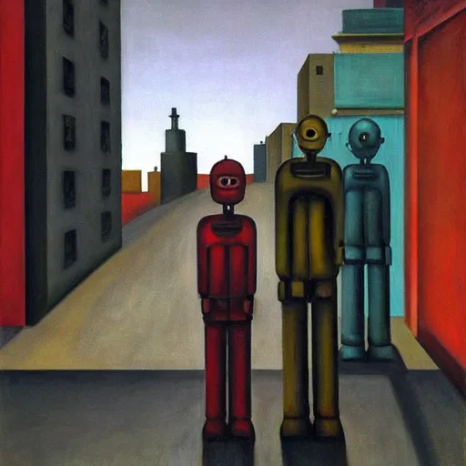 Prompt: drab human workers, guarded by rusty robot overlords, brutalist city street, cloudy, raining, dystopian, pj crook, edward hopper, oil on canvas