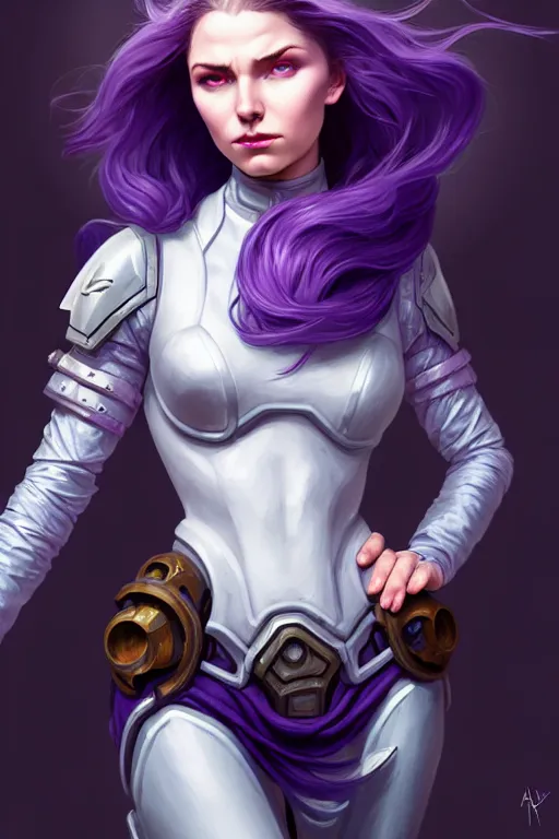 Prompt: alexey gurylev, pale woman in power armor with purple hair, mysterious, deep focus, d & d, fantasy, complex, elegant, highly detailed, digital painting, artstation, concept art, matte, clear focus, illustration, hearthstone, artgerm art, greg rutkovsky and alphonse mucha