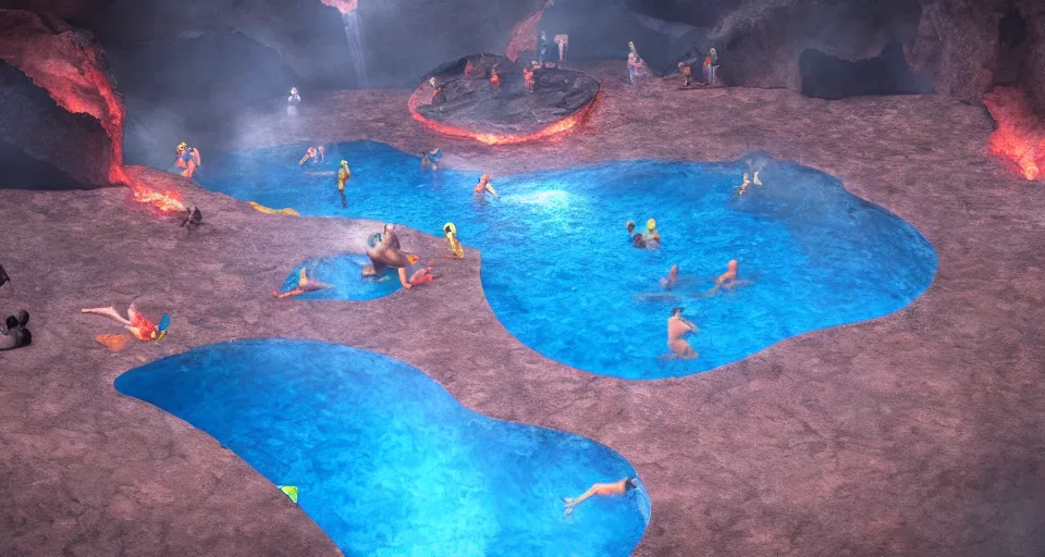 Image similar to swimming pool inside a volcano. Instead of water, there is lava and people are swimming and playing inside. 4k, high detail, volumetric lighting