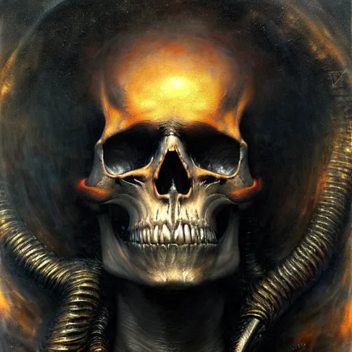 Prompt: fiery skull contemplating life, gracked, detailed, painted by raymond swanland, ((((((giger))))))