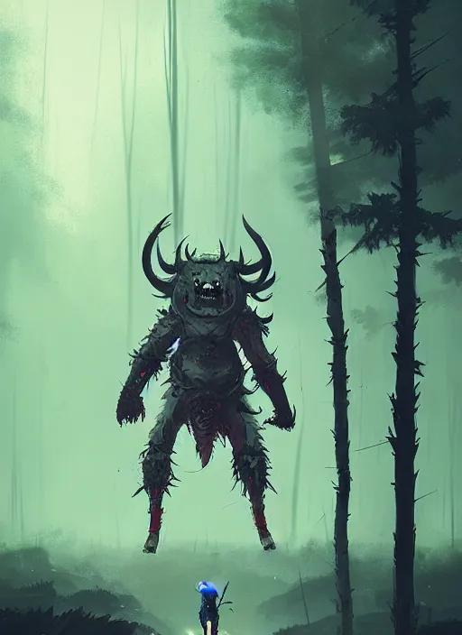 Prompt: giant oni demon in armor, walking, grey forest background, by ismail inceoglu
