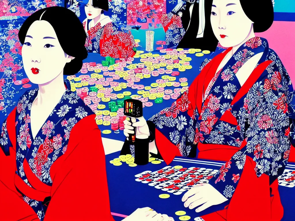 Image similar to hyperrealistic composition of the detailed single woman in a japanese kimono sitting at a extremely detailed poker table with hyperdetailed darth vader, fireworks, mountain fuji on the background, pop - art style, jacky tsai style, andy warhol style, acrylic on canvas