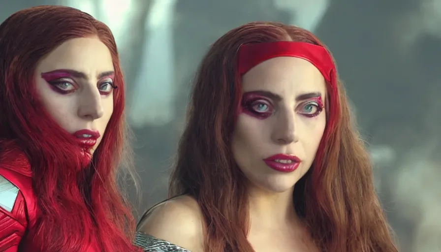 Prompt: screenshot of lady gaga as the scarlet witch in wandavision High resolution. Highly detailed. Dramatic. 8k.4k.