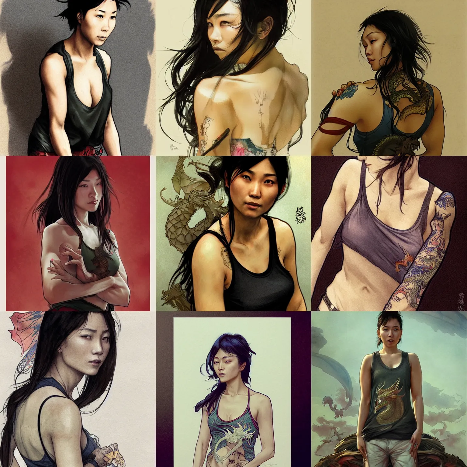 Prompt: An Asian woman in a tank top with dragon tattoo by Artgerm and greg rutkowski and alphonse mucha
