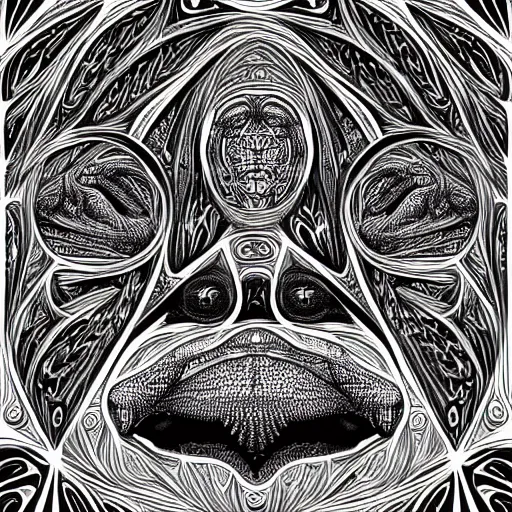 Image similar to a symmetrical portrait illustration of a wise frog black and white hand drawn sketch on artstation 4 k intricate extremely detailed digital art by alex grey