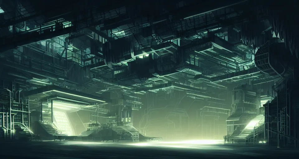 Image similar to futuristic factory in a dark cave, intricate, highly detailed, digital painting, volumetric light, artstation, concept art, sharp focus
