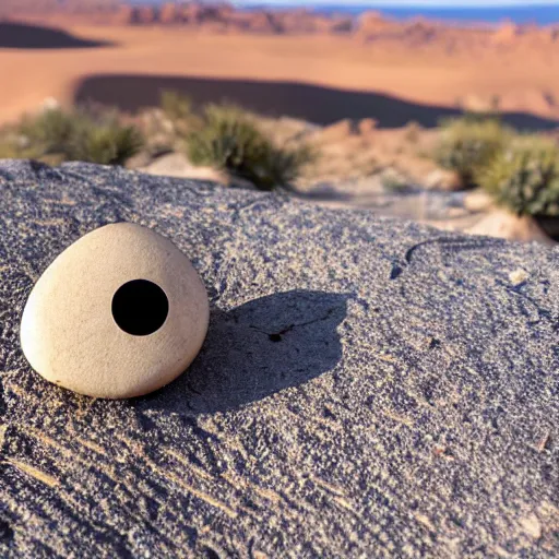 Image similar to a smooth stone that has 2 googly eyes. on a desert cliff with a blurry background.