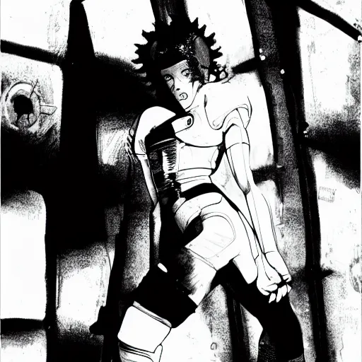 Prompt: scarlett johansson wearing futuristic breathing apparatus, searching an derelict dark hallway of a abandoned spaceship with a flashlight, afro samurai anime style, black and white, pencil and ink manga panels showing different angles of scene